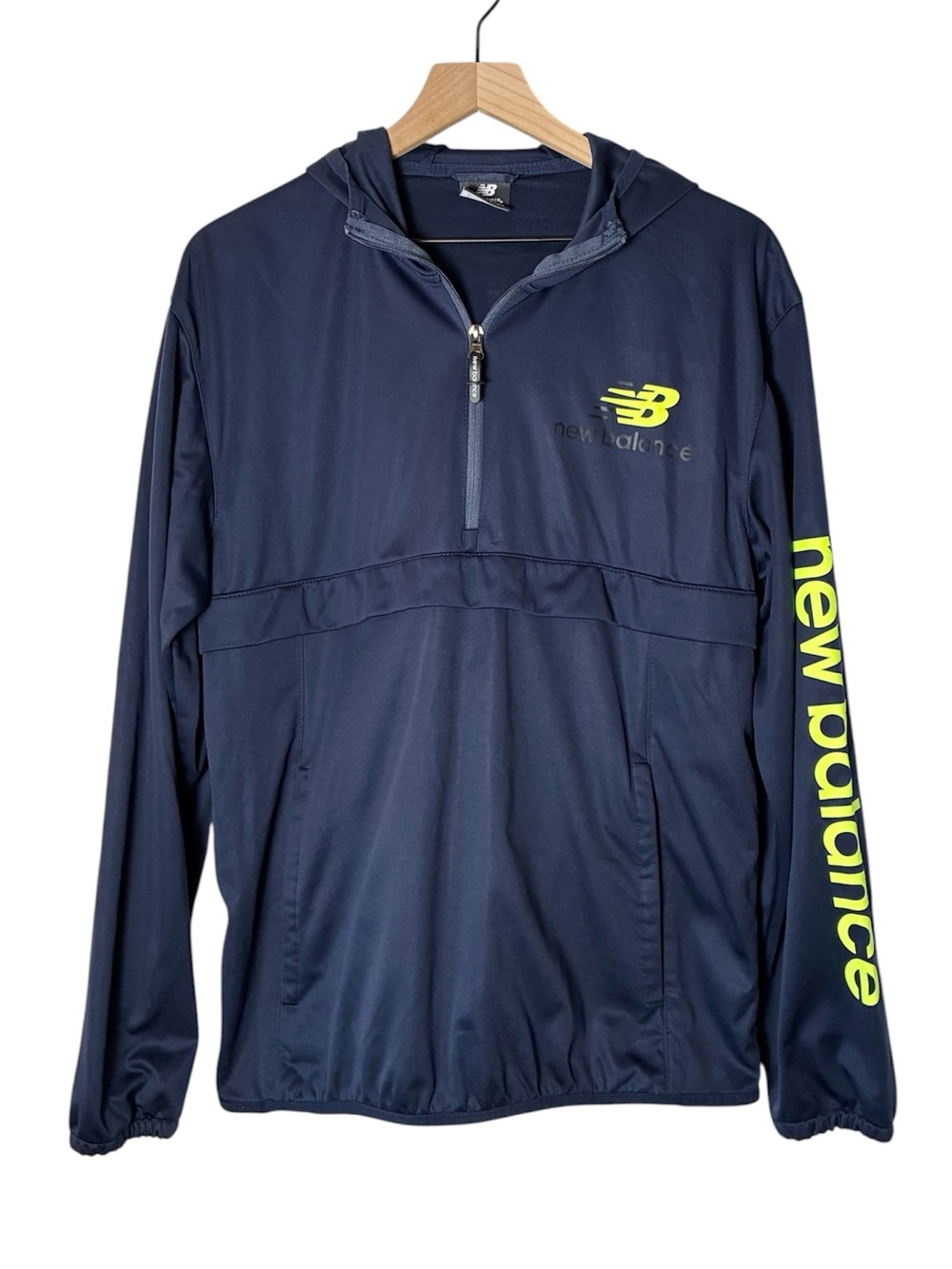 New Balance Men's Navy Hooded Half-Zip Jacket Neon Logo Performance Windbreaker